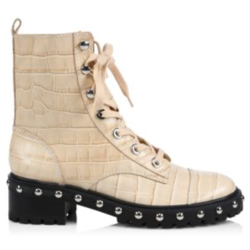 SCHUTZ Cream Croc-Embossed Combat Boots with stud detail